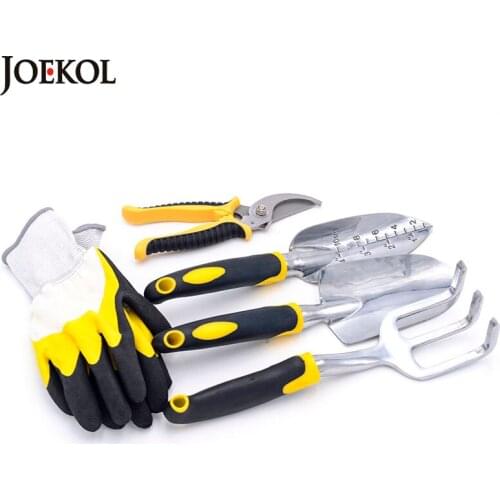 Garden Tool Sets 5PCS Heavy Duty Hand Trowel Transplanter Trowel Cultivator Hand Rake Pruning Shears Gardening Gloves