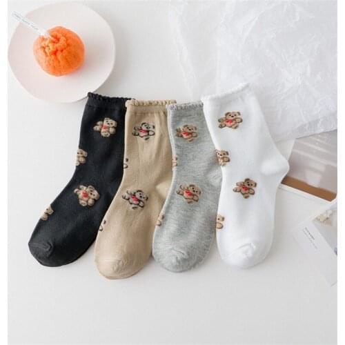 New autumn and winter warm socks cute cartoon bear female socks ins lace soft sister all-match comfortable socks harajuku socks