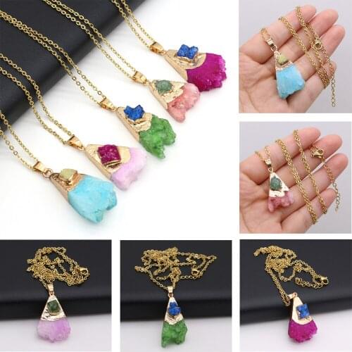 Natural Druzy Agates Pendant Necklace Reiki Healing Crystal Minerals Charms Gold-plated Chain Choker Necklaces for Women Jewelry