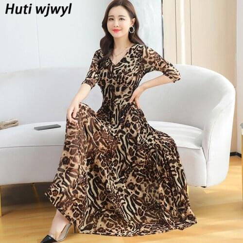 Spring Boho Leopard Print Chiffon Beach Maxi Dress 2021 Elegant Vintage 4XL Plus Size Sexy Sundress Women Bodycon Party Vestidos