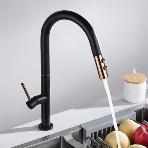 Kitchen Faucet Three Colors Gold/Black/Chrome Pull Down Solid Brass Swivel Pull Out Spray Sink Mixer Tap Dech Mounted Europe