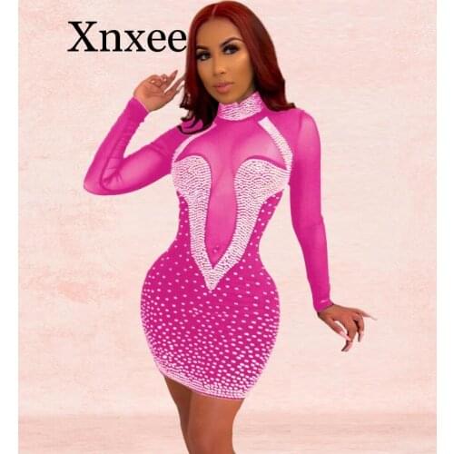 Rhinestone Birthday Dress Sheer Mesh Sheer Sexy See Through Dress Club Bodycon 2020 Black Tight Mini Dresses Woman Party Night