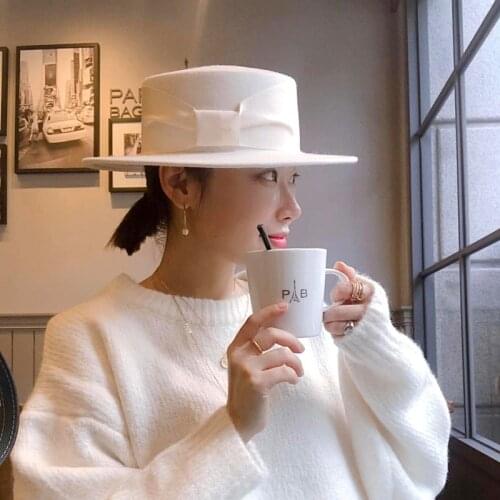 Womens retro bow white 100% woolen top hat female foreign trade wide brim British wild felt Wide ribbon decoration beanie hats