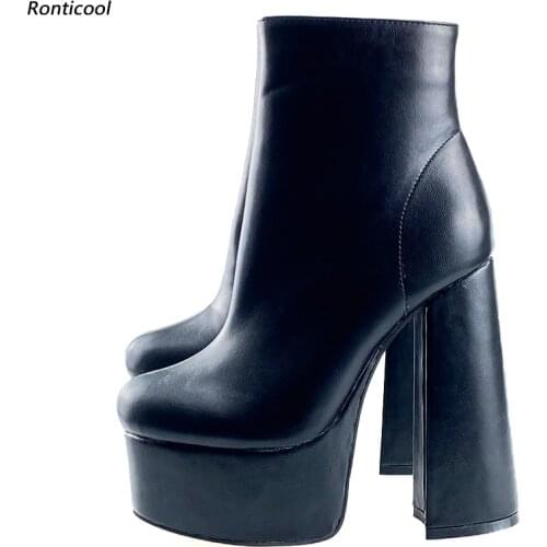 Ronticool New Handmade Women Winter Platform Ankle Boots Hoof Heels Round Toe Elegant Black Dress Shoes Women Plus US Size 5-15
