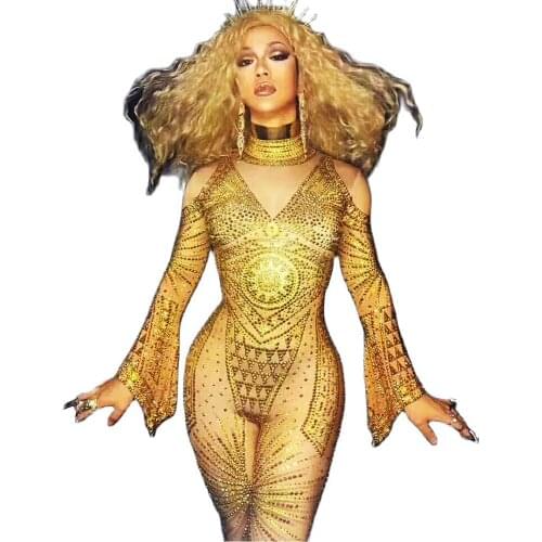 Gold Shining Diamonds Women Long Sleeve Off Shoulder Jumpsuits Skinny Stretch Pole Dancing Bodysuits Nightclub Singer Stage Wear