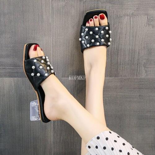 New 2021 Transparent Pvc Sandals Women Square Toe Transparent Pearl Cup High Heels Sexy Summer Shoes Kopmkp Women Sandals 35-43
