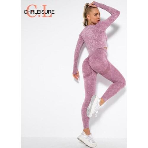 CHRLEISURE Washing Printing Two Piece Set Women Seamless Pant Suits Long Sleeve Shirts Leggings Women Tracksuit Fitness Set