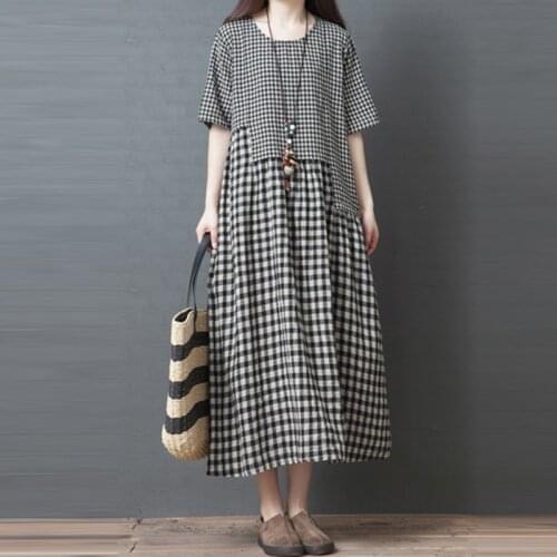 Women Cotton Linen Casual Dress New Arrival 2021 Summer Vintage Style Plaid Print Loose Comfortable Female Long Dresses B803