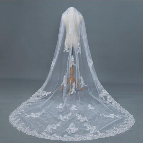 1 Layer 3M Cathedral Length Wedding Veils White Ivory Sequin Lace edge & applique Bridal Veils &comb
