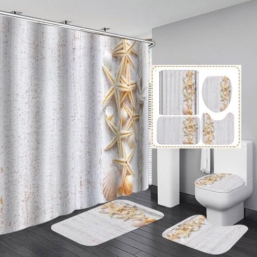 180*180cm Beach Shell Starfish Fabric Shower Curtains Bathroom Curtain Sets Anti-skid Bath Rugs Carpet Toilet Lid Cover Bath Mat