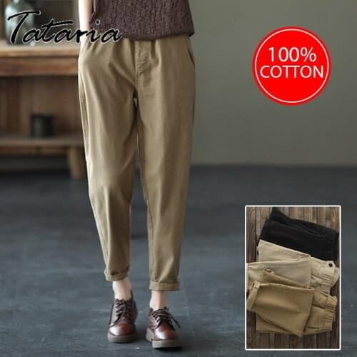 2021 Autumn Womens Classic Pants Capri Casual Pure Cotton Harem Pants Oversize Ankle Length Trousers Khaki Pencil Pants Female