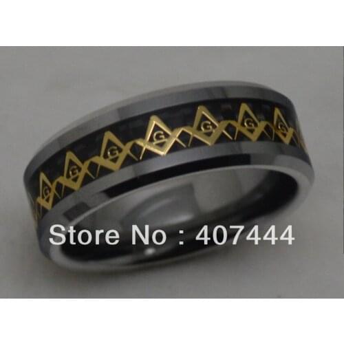 Free Shipping USA Hot Selling New new Golden Masonic Foil& Black Fiber Inlay Mens Tungsten Carbide Wedding Band Bridal Jewelry
