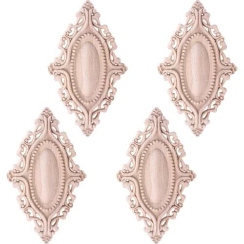 4pcs Wood Carved Onlay Applique Oval Carving Flower Unpainted Frame Furniture