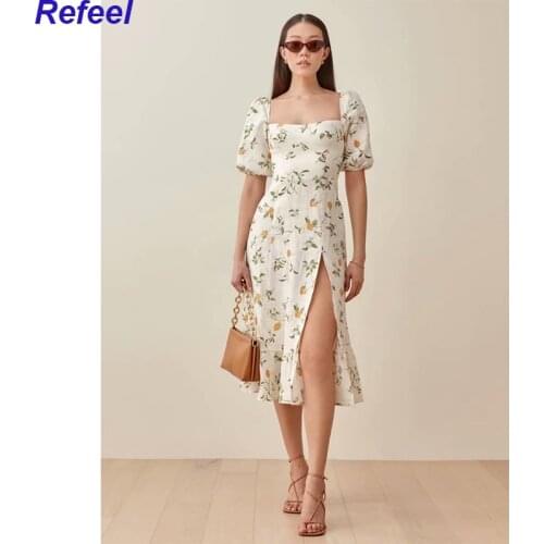 Elegant Yellow Tulip Print Split Vestidos Retro Short Sleeve Midi Dresses Vintage Back Elastic Summer Dress