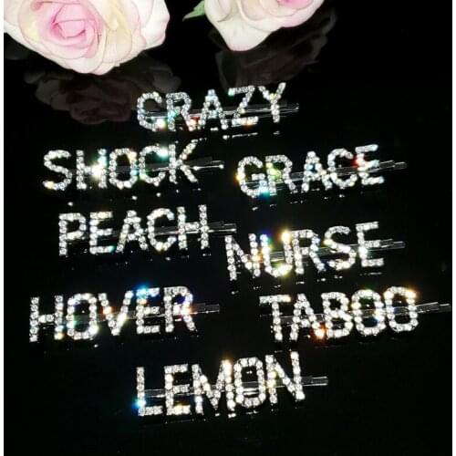 Hot Fashion Word Hairclips "CRAZY,SHOCK,GRACE,PEACH,NURSE,HOVER,TABOO,LEMON" Crystal Letters Hairpins Hair Accessories WHOLESALE