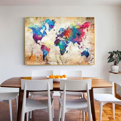 Modern Printed Canvas Print Painting Colorful World Map Home Decoration Wall Art Canvas Pictures for Living Room Home Decor