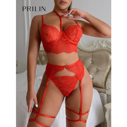 PRILIN Women Sexy Lingerie Sets Garter Belts Choker Leg Ring Lace Push Up Bras Sex Panties Transparent Erotic Sensual Underwear