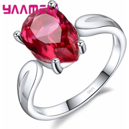 Cute Red Color AAA Cubic Zircon Ring 925 Sterling Silver Water Drop Austrian Crystal Jewelry for Women Party Accessory