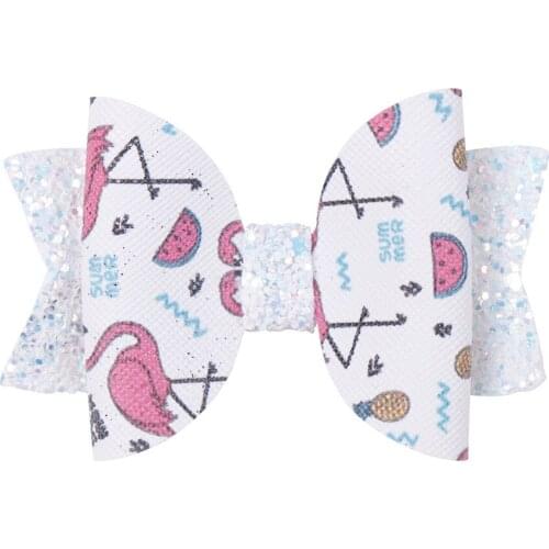 20 PCS Boutique 3 Inches Fashion Cute Glitter PU Hair Bow Hairpins Flamingo Cartoon Bowknot Hair Clips Princess Accessories