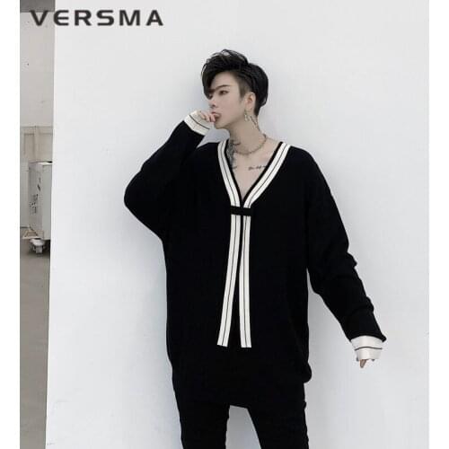 VERSMA Japanese Harajuku Vintage White Men Women Sweater Pullover Retro Knitted V Neck BF Sweater Men Manteau Homme Dropshipping