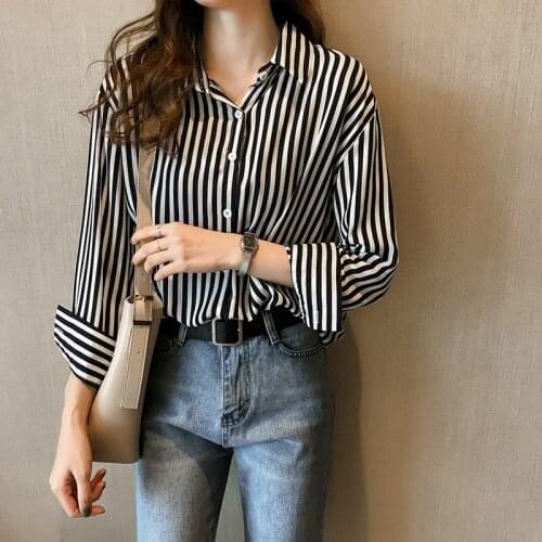 New Women Shirt Clothes Ladies Chic Striped Blouse Spring Summer Long Sleeve Turn Down Collar Casual Fashion Girls Top H9017