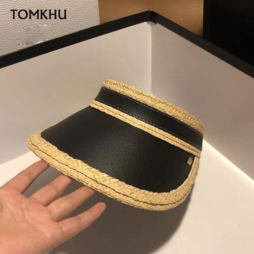 Womens Summer Big Brim Sun Hats PU Leather Raffia Empty Top Hat Ladies Fashion Beach Outdoor Sports Cycling Adjustable Visor