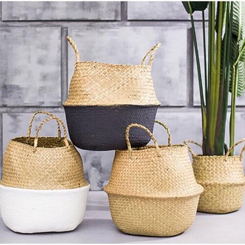 Foldable Wicker Baskets with Handles Seagrass Woven Storage Basket Plant Hanging Baskets Garden Flower Pot Dirty Laundry Hamper
