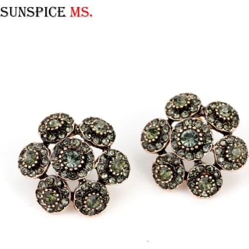 Sunspicems Full Gray Rhinestone Stud Earring for Women Turkish Design Antique Gold Color Ethnic Wedding Banquet Jewelry Gift