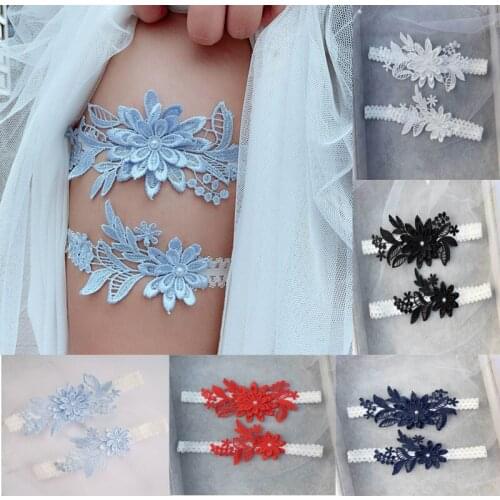 2pcs Wedding Garter Navy White Embroidery Floral Sexy Garters Women/Female/Bride Thigh Ring Bridal Lace Leg Ring Loop
