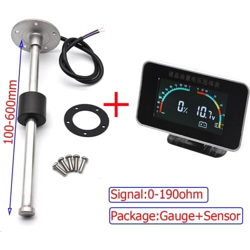 2 In 1 LCD Fuel Gauge Voltmeter with Fuel Float Sensor 0-190ohm for 12V Car Truck Motorcycle Oil Tank Level Sensor 100-600MM