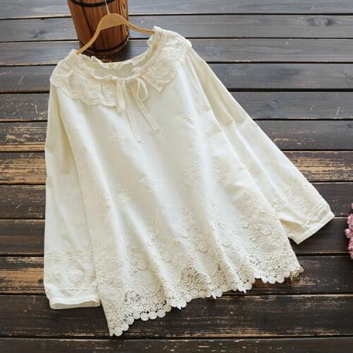 7248 New Spring Women Blouse Ruffled Collar Embroidery Cotton Shirt Loose Casual Solid Color Long Sleeve Pullover Tops
