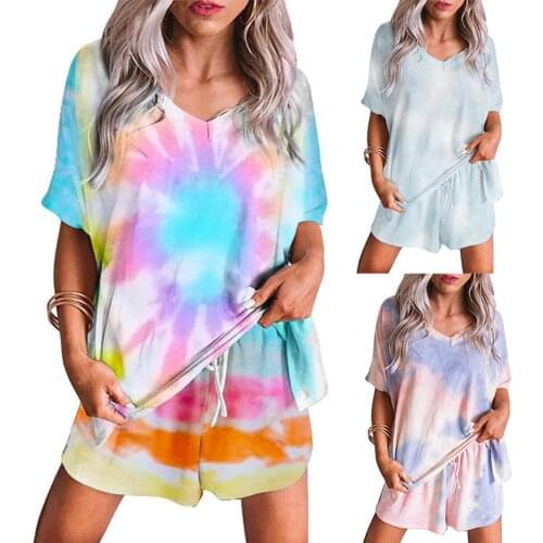 Women Tie Dye V Neck Short Sleeve Loose T-shirt Blouse Shorts Sleepwear Set Tie Dye Loose Style Comfortable to Wear Pajama