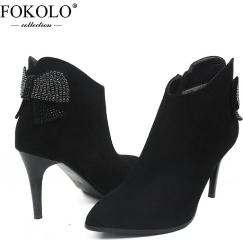 FOKOLO Ankle Boots Women Pointed Toe Kid Suede Zipper Bow Winter Boots 2020 New Fashion Genuine Leather Ladies Shoes Handmade X9