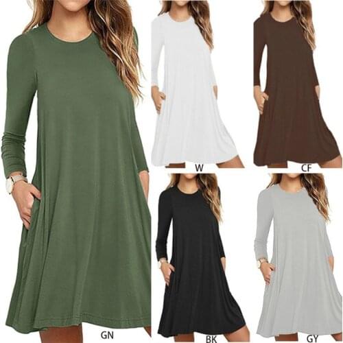 Womens Autumn Long Sleeve Round Neck Plain T-Shirt Dress Solid Color Pleated Swing Casual Loose Pullover Streetwear with Pockets
