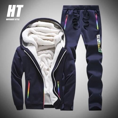 Winter Mens Tracksuit Fleece Thick Warm Men Set Print Zipper Sweatshirt Hoodies+Pants Casual 2 Pieces Blue Male Sportswear Suit