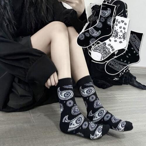3Pairs=1LOT Street Fashion Cotton Adult Middle Calf Crew Large Socks Bandanna Paisley insect Black White Gothic Hell Angels Goth