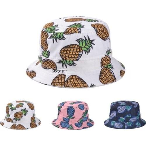 Free Shipping 2017 New Fashion Lovely Summer White Pineapple Printed Bucket Hats Outdoor Pineapple Fishing Sun Caps Women Girls