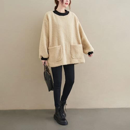 Blouse Women Autumn Winter Long Sleeved Pockets O-neck Pullovers Loose Casual Warm Female Tops