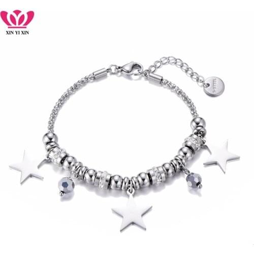 Star Charm Bracelet Women Stainless Steel Multi Pentagram Crystal Beads Pendant Popcorn Chain Bracelet Fashion Jewelry Gift 2019