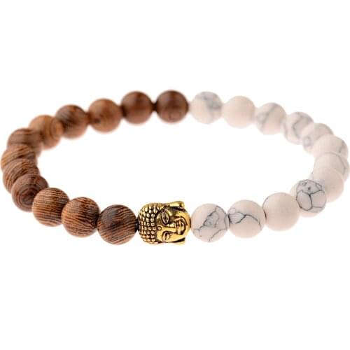 Natural Tiger Eye Wood Stone Bracelet for Men Woman Yoga Prayer Beads Buddha Head Charm Bracelets Fashion Jewelry Pulseira