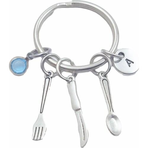 Spoon Fork Knife Tableware Creative Initial Letter Monogram Birthstone Keychains Keyrings Fashion Jewelry Women Gifts Pendants