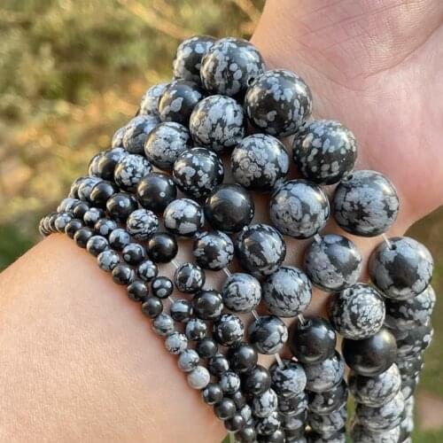 Natural Black Snowflak Obsidian Beads Smooth Loose Stone Beads For DIY Necklace Bracelets Jewelry Making Strand 15" 4/6/810MM