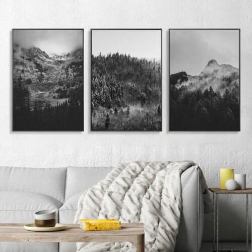 Black White Mountain Foggy Forest Wall Art Picture Nature Scenery Poster Nordic Landscape Print Canvas Painting Decoration