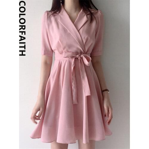 Colorfaith 2019 Women Dresses Spring Summer Solid Elegant Pink Ladies Sexy V-Neck Pleated Vintage High Waist Mini Dress DR1932