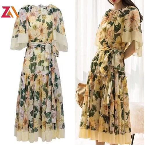 ZALady Designer Summer Beach Ruffles Dress Women Bow Belted Floral Print holiday Ladies Party Midi Elegant Dresses Female Robes