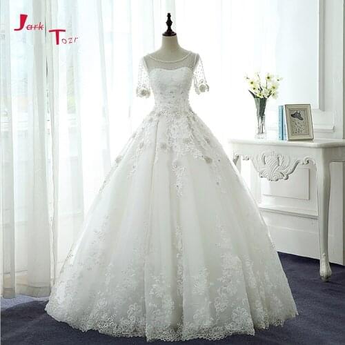 Jark Tozr Custom Made Short Sleeve Open Back Pearls Crystal Appliques Lace Flowers Wedding Dresses None Train Casamento