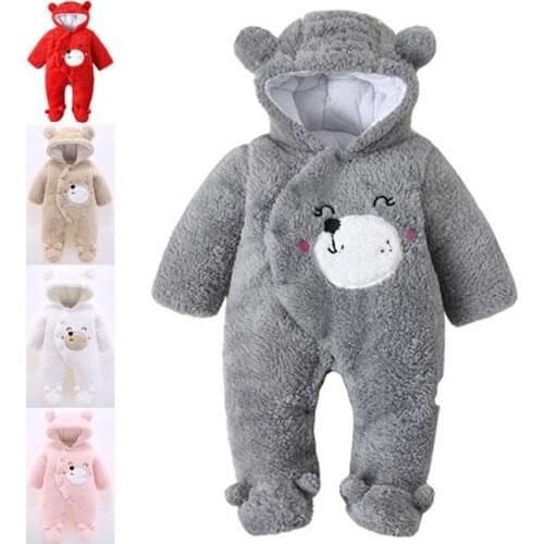 0-12 Month Hooded Rompers Baby Jumpsuit Winter Warm Coral Fleece Newborn Boy Girl Clothes Outfits Infant Jumpsuit Animal Overall