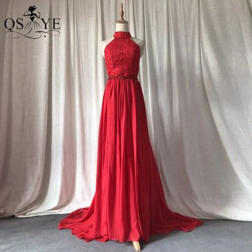 Red Wedding Dress Halter Neck Bridal Gown Long Lace Bride Dress Open Low Back Marriage Chiffon Wedding Gown Backless