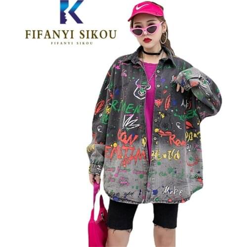 Letter Graffiti Print Denim Jacket Women Streetwear Fashion Lapel Long Sleeve Jeans Jacket Female Loose Hip hop Jeans Coat
