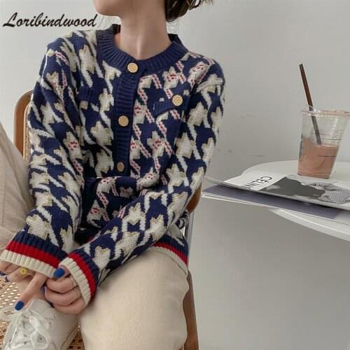 Loribindwood New 2021 Womens Autumn Winter Sweaters With Golden Thread Checkered Elegant Cardigans Vintage Wild Tops